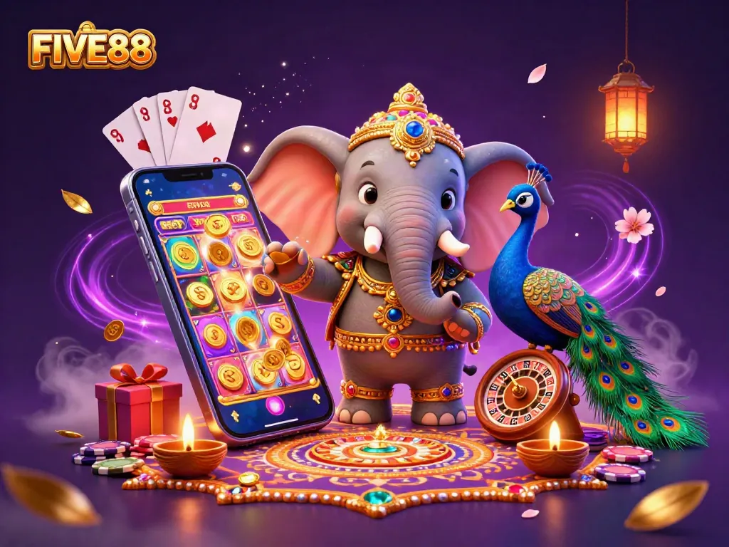 Experience thrilling gaming with FIVE88's vibrant visual of an enchanted elephant and a peacock amidst slot games and golden coins.