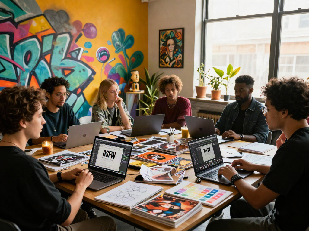 Creative workspace for nsfw content development with diverse professionals collaborating