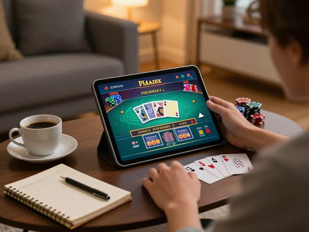 SIN88 player strategizing for online casino gaming with tablet and notes in cozy home.