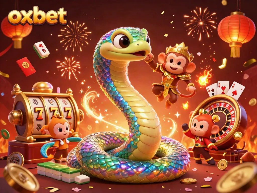 Experience the vibrant gaming world of oxbet with dynamic slot reels and a colorful serpent.