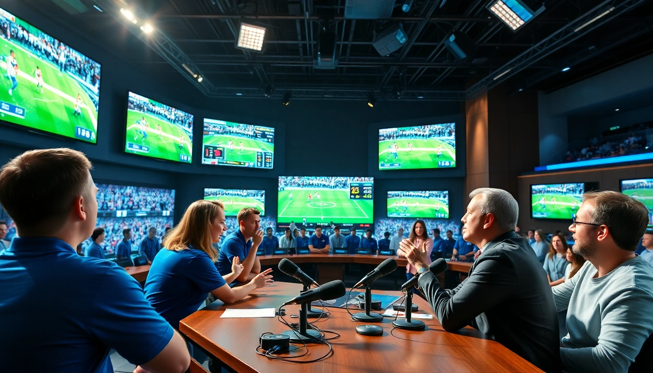 Engaging sports broadcasting studio with live feeds, showcasing vibrant hosts in action.