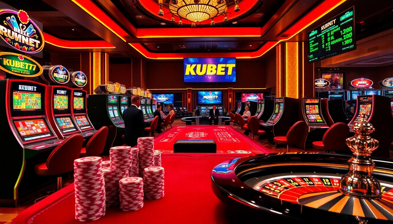 KUBET77 offers a thrilling casino experience with engaging dealers and vibrant slot machines.