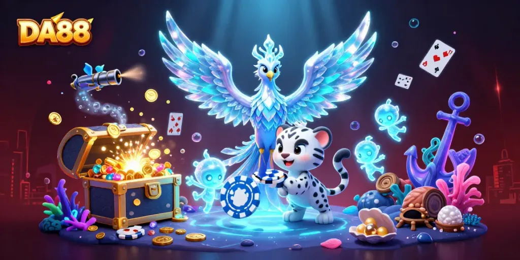 Experience thrilling DA88 gaming as an ice phoenix and snow leopard cub play amidst vibrant casino elements.