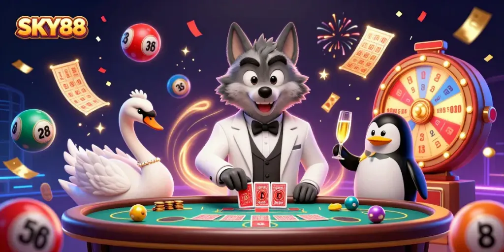 Experience thrilling moments at SKY88, where a debonair wolf plays baccarat, alongside a swan and penguin, featuring vibrant casino elements.