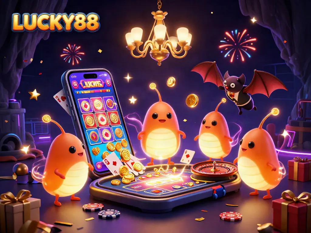 Experience exciting gameplay at LUCKY88 with vibrant glowworms illuminating a dynamic casino scene.