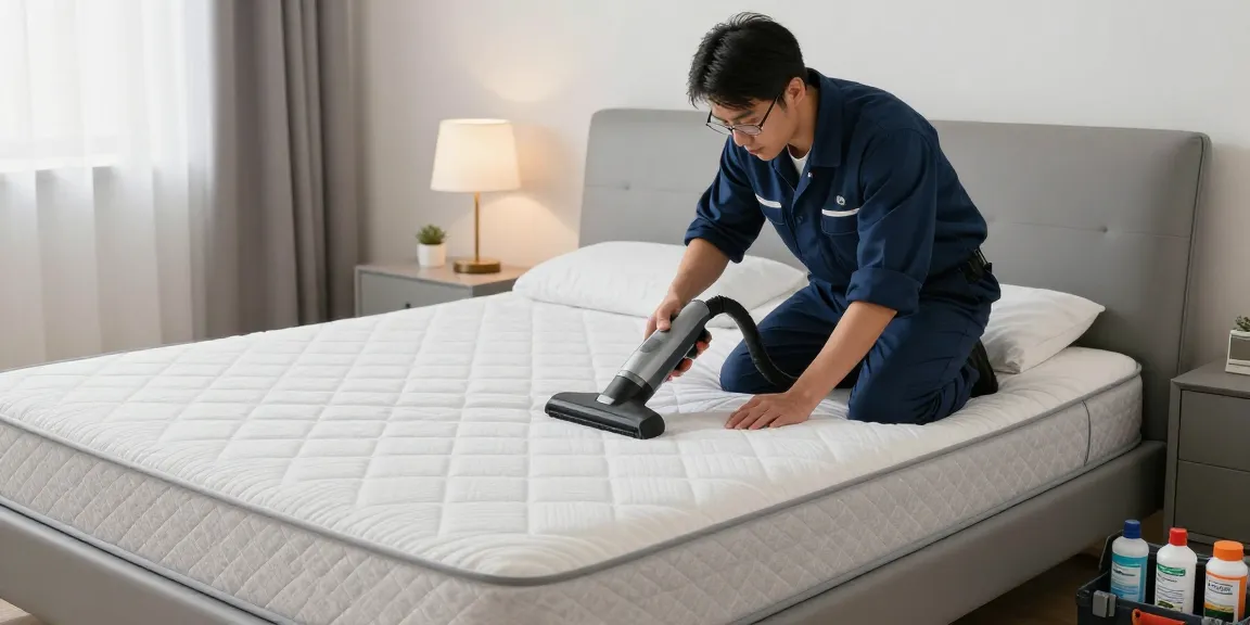 Bed bug treatment process in a modern bedroom with a technician inspecting a mattress.
