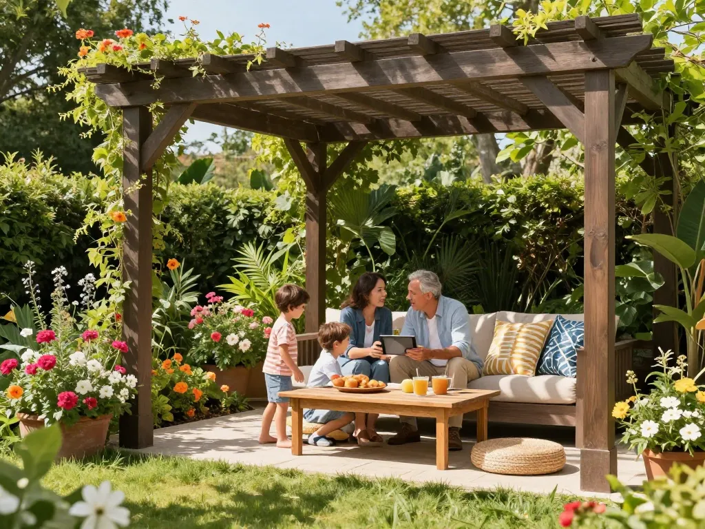 Family enjoying a customizable pergola configurator on a sunny afternoon.