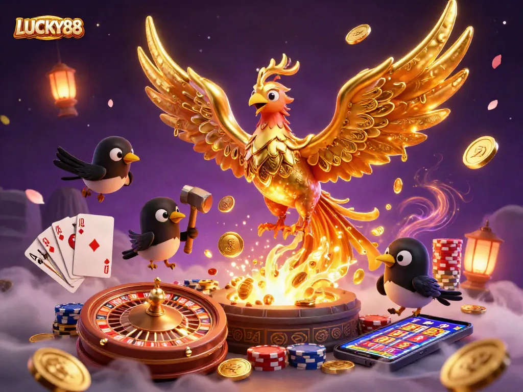 LUCKY88 gaming scene with a molten metal phoenix and casino elements, showcasing excitement and winning opportunities.