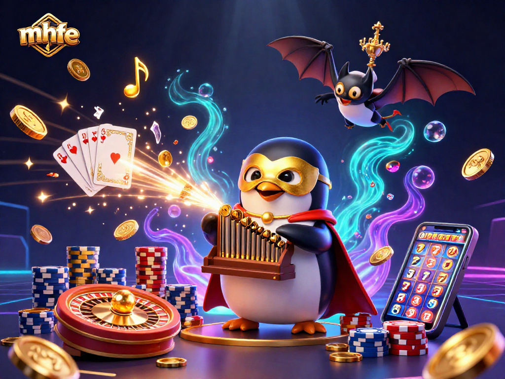 mhfe betters enjoy slots and casino games with golden coins scattered throughout the lively scene.