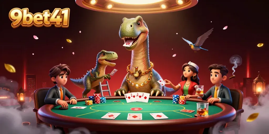 Engage with the exciting worlds of 9bet41 featuring a brontosaurus above a lively poker table.