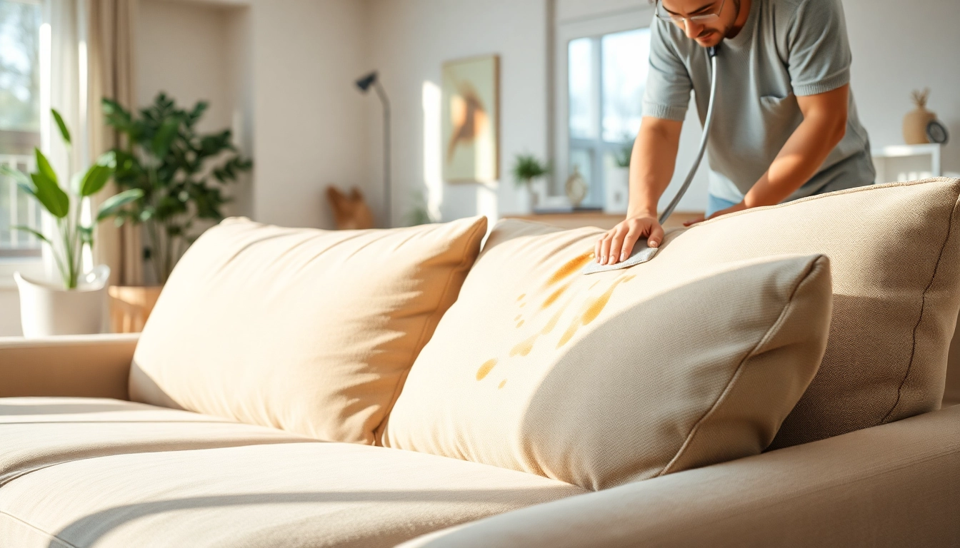 Couch cleaning in Glasgow with a professional technician treating stains in a cozy living room.