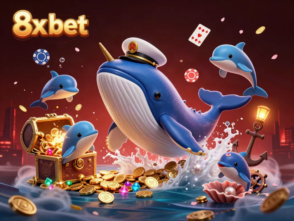 Experience the thrill of 8x bet with a vibrant scene of whales and dolphins in a treasure sea.