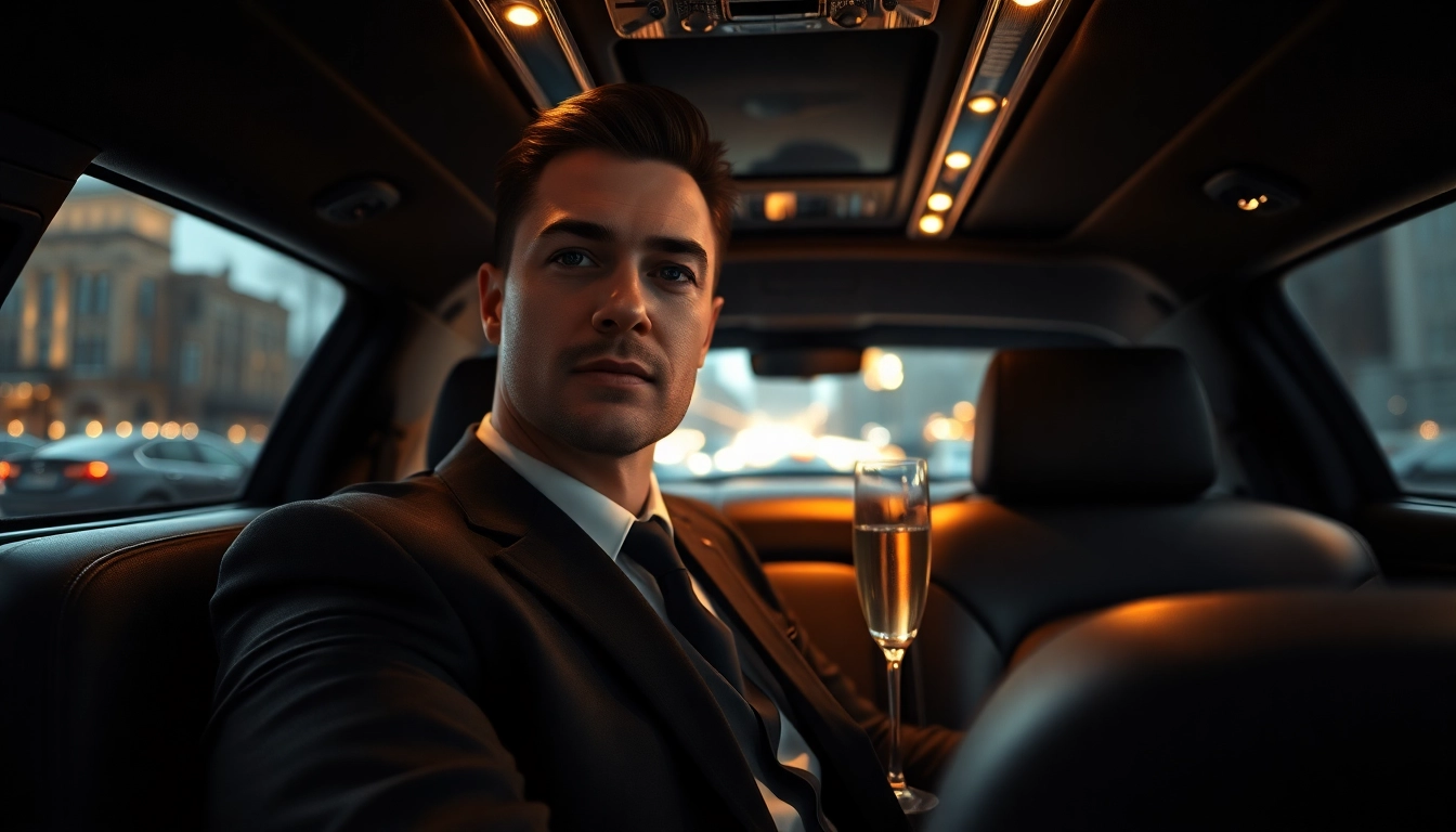 Chauffeur Hire inside a luxury limousine showcasing a professional chauffeur in a sophisticated setting.