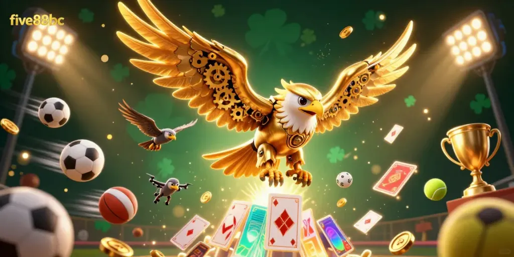 Engage with five88bc, featuring a golden eagle diving through holographic playing cards in a vibrant casino scene.
