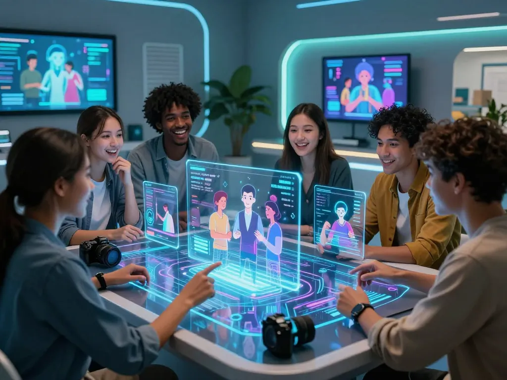 Diverse group engaging with holograms on digital table showcasing social interactions powered by sex AI technology.