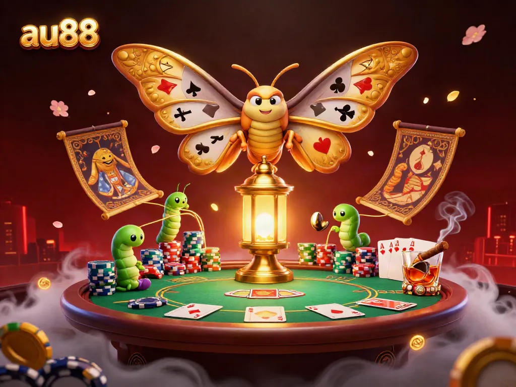 Experience the excitement of au88 with vibrant casino scenes featuring poker elements and a majestic moth.