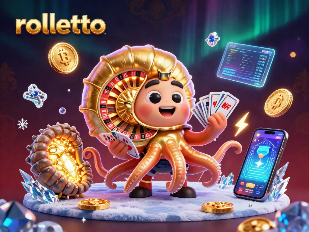 Experience the excitement of rolletto with a glowing nautilus holding cards, set in a vibrant casino scene.