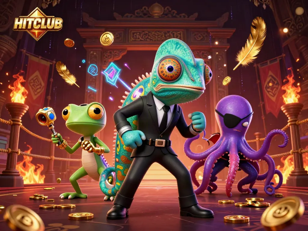 Unleash your luck at HITCLUB with a vibrant 3D scene featuring a secret agent and gaming elements.
