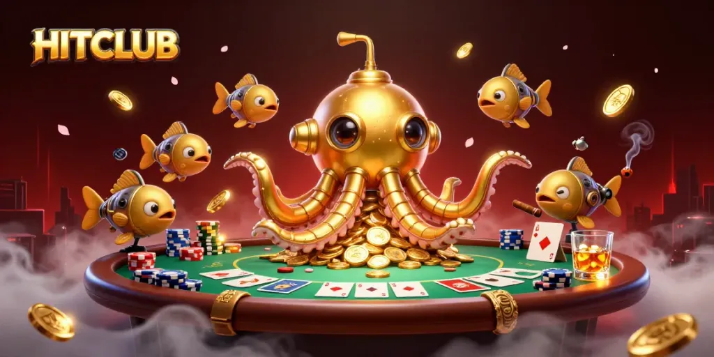Experience the excitement of HITCLUB with dynamic poker scenes surrounded by golden coins and oceanic themes.