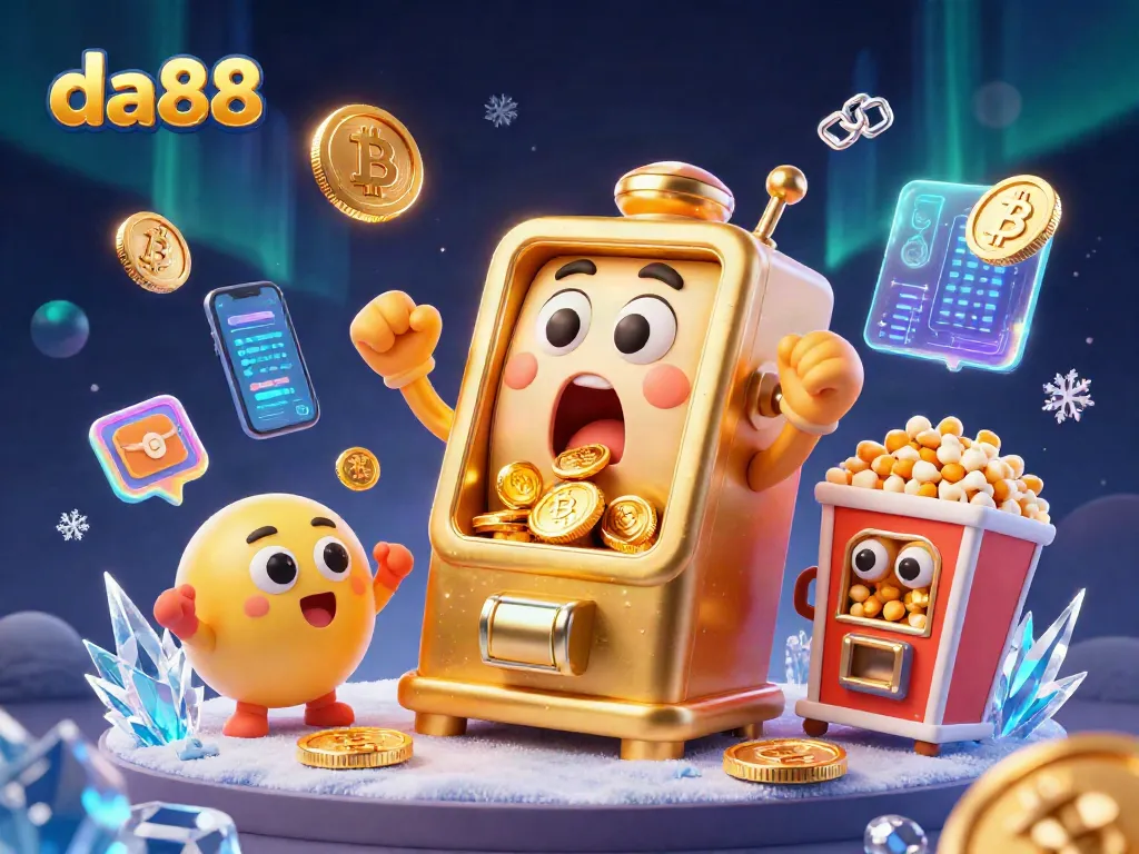 da88 celebrates big wins with a golden slot machine hitting the jackpot and coins pouring out.