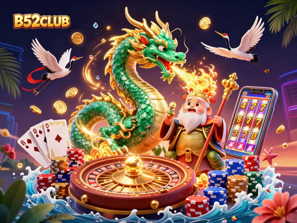 B52CLUB showcases a dynamic scene with a jade dragon and lucky cranes amidst golden coins and casino elements.