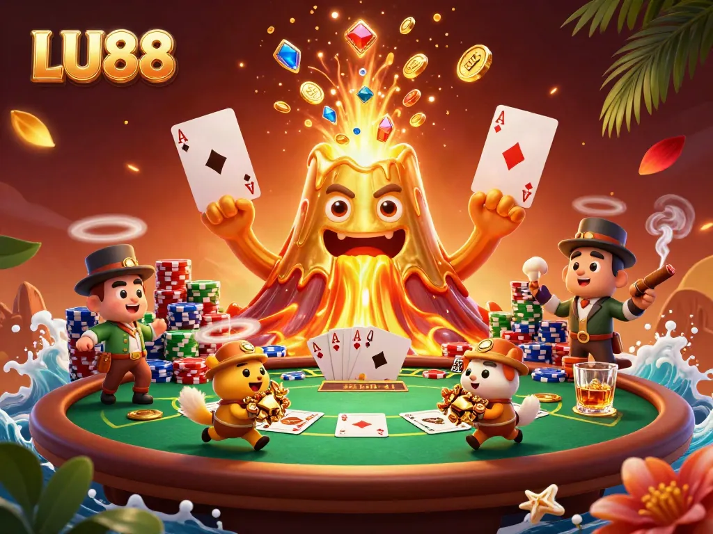 LU88 showcases a vibrant scene with a golden volcano erupting coins amidst poker elements.