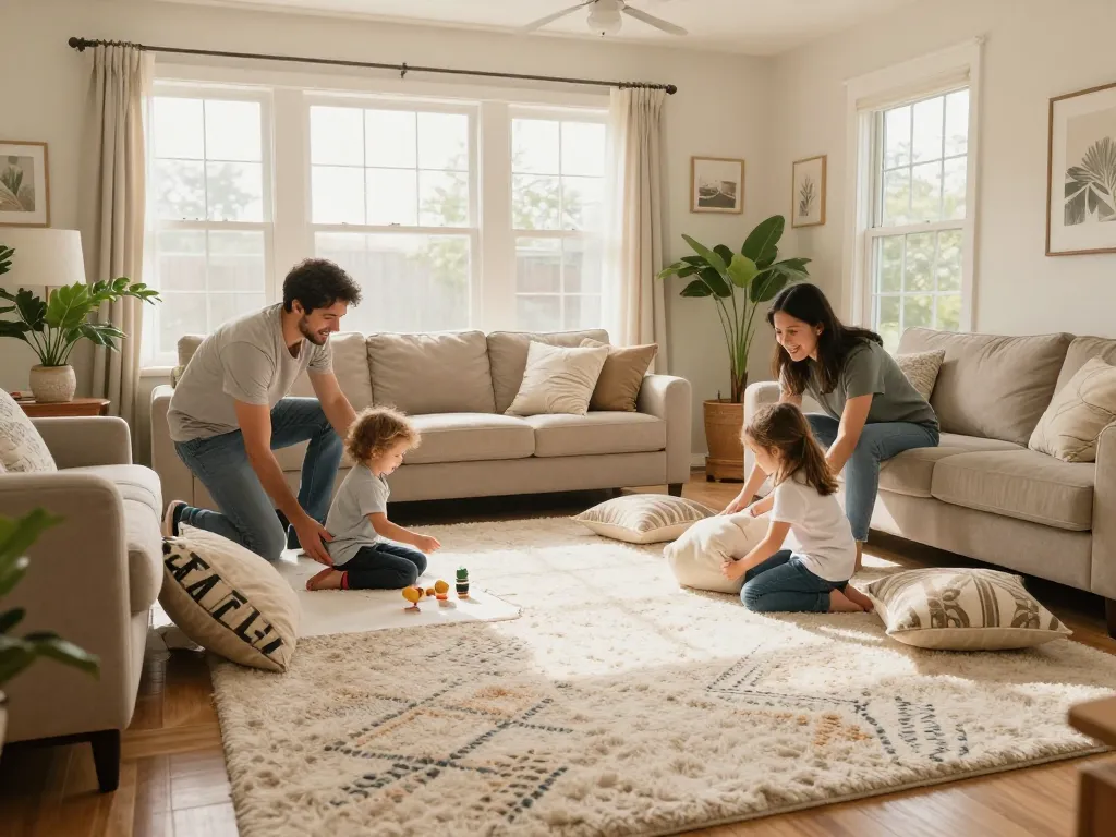 Residential carpet installation in a cozy family living room with children playing on plush carpet.