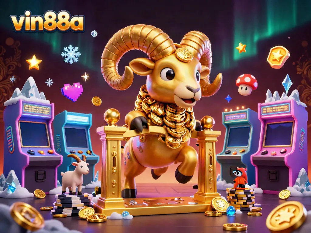 Experience thrilling casino moments with the vin88a golden ram charging through a colorful gaming scene.