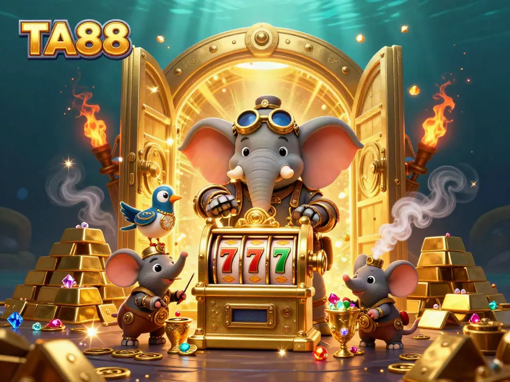 TA88 players winning big with a steampunk elephant at a vibrant slot machine illustration.