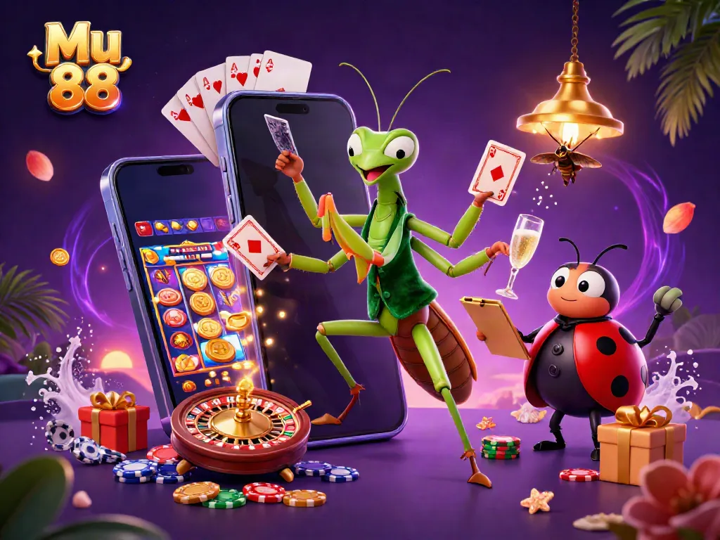 Join the fun at Mu 88 with a vibrant scene featuring a giant praying mantis card sharp, ladybug pit boss, and dynamic game elements.