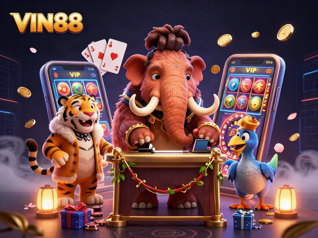 Experience the thrill of VIN88 gaming with a vibrant casino scene featuring iconic characters.