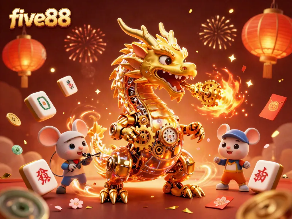 Experience the thrill of five88 with a vibrant casino illustration showcasing a golden dragon and festive elements.