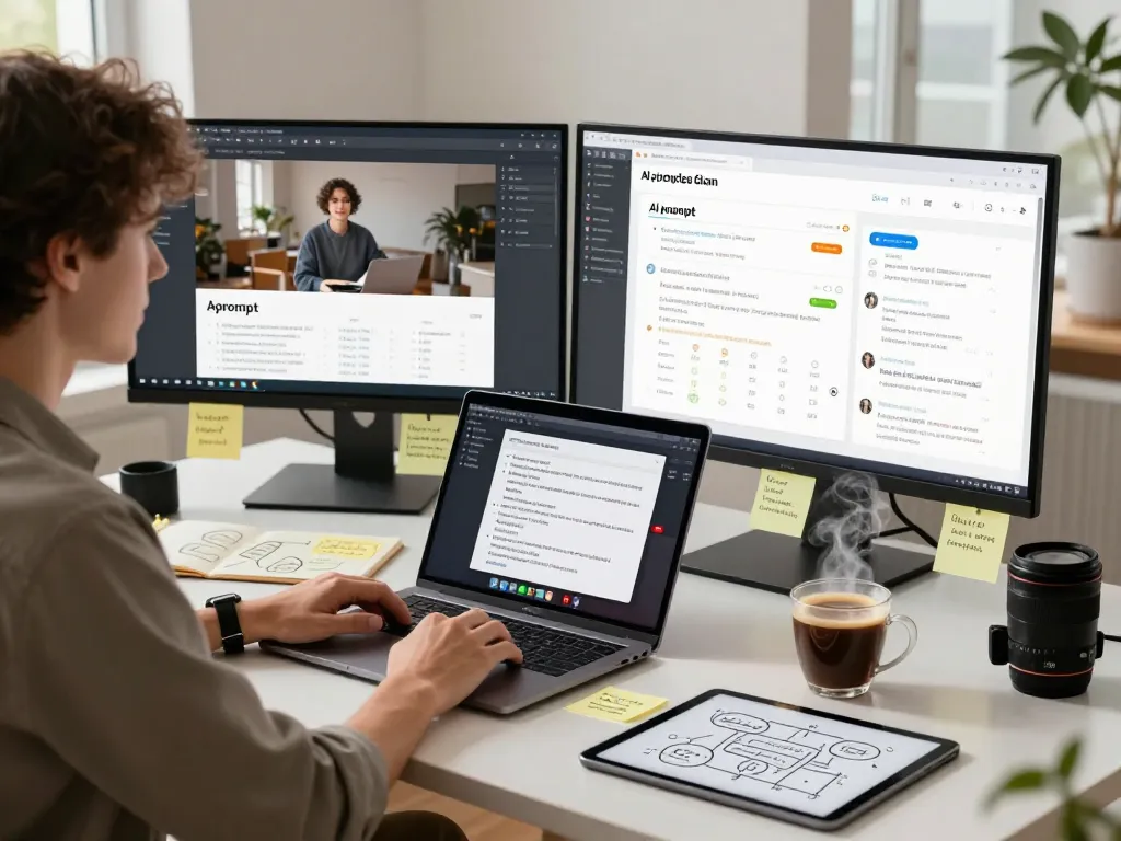 AI image to prompt generation workspace with a data scientist analyzing detailed prompts.