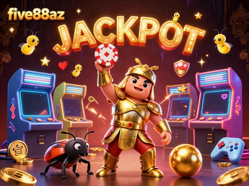 Experience the excitement of five88az as a victorious beetle lifts a poker chip amidst casino elements.