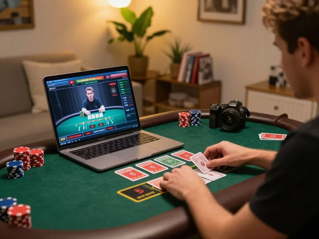 Online gaming at https://ko6689.com/html-sitemap/ with live dealer table displayed on laptop screen.