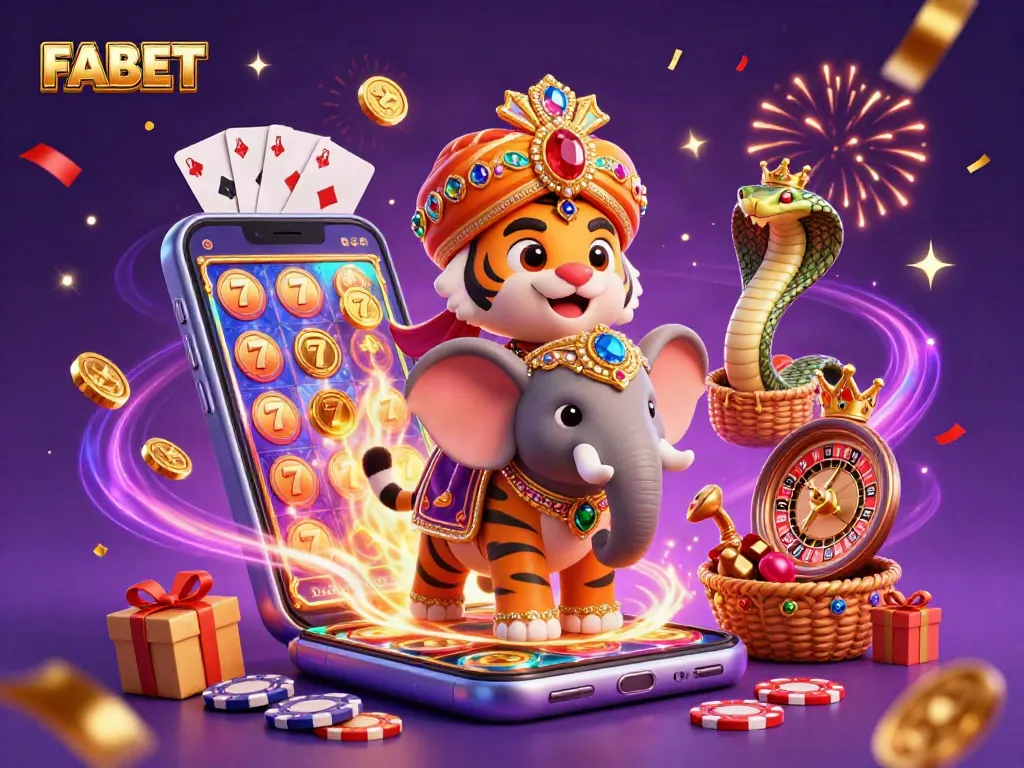 Experience thrilling games with FABET as a cartoon tiger, jewel-encrusted elephant, and golden cobra create casino magic.