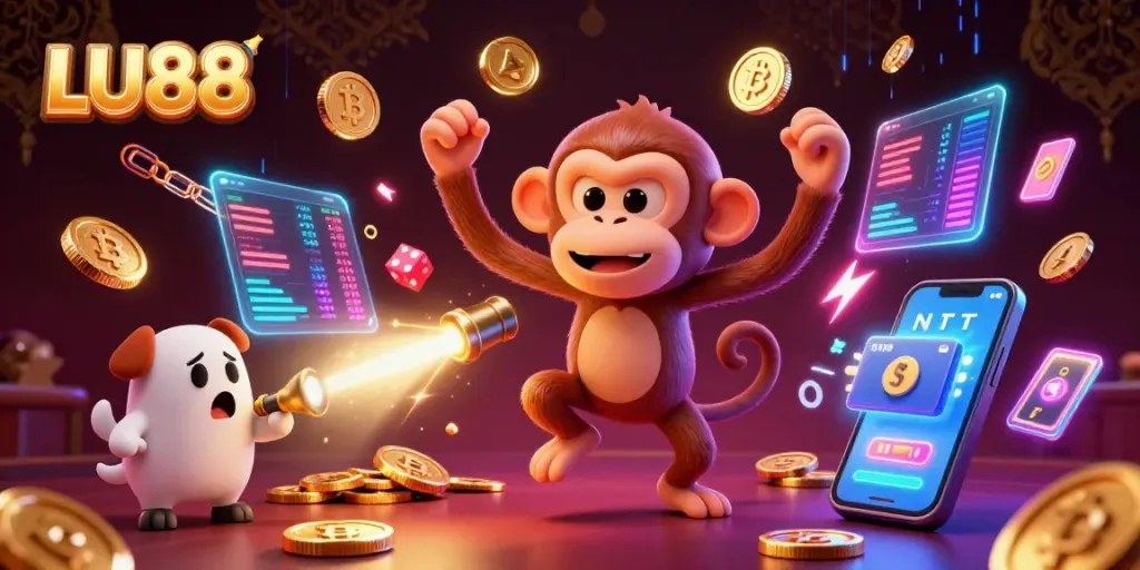 LU88 captures the essence of playful gambling with its mischievous poltergeist monkey juggling golden casino treasures amidst a vibrant scene.