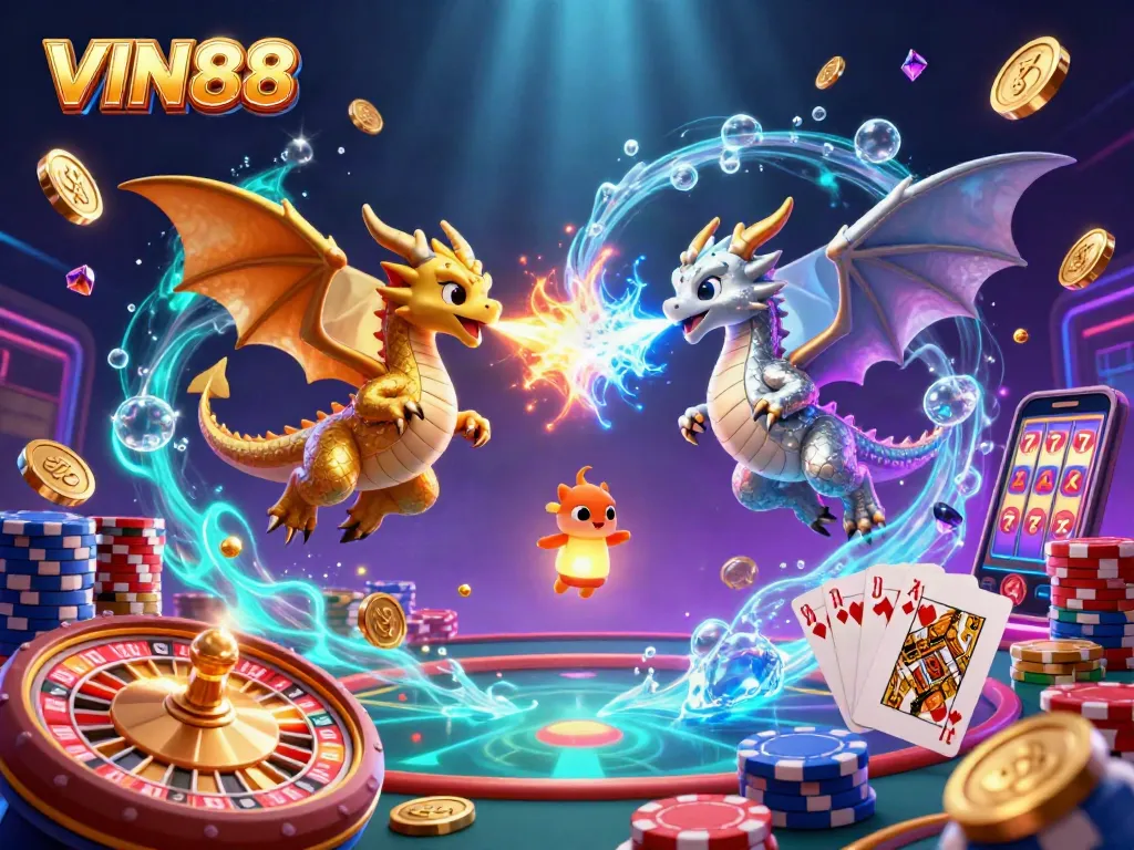 Experience the excitement of VIN88 with dragons and dynamic gold coins in a vibrant casino scene.