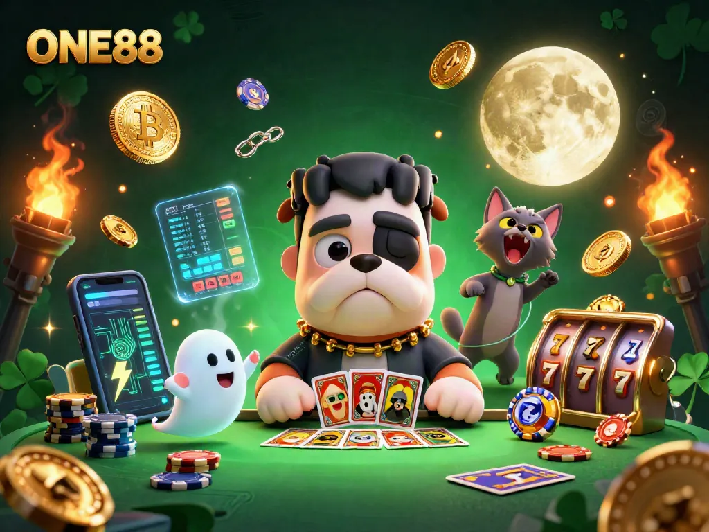 Experience the thrill of ONE88 with a captivating 3D casino scene featuring unique characters and slot elements.