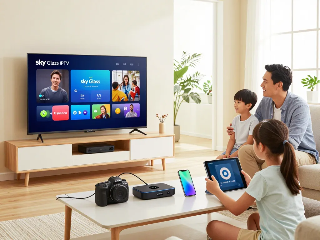 Sky Glass IPTV installation guide showcasing a family setting up their Smart TV and compatible devices in a cozy living room.