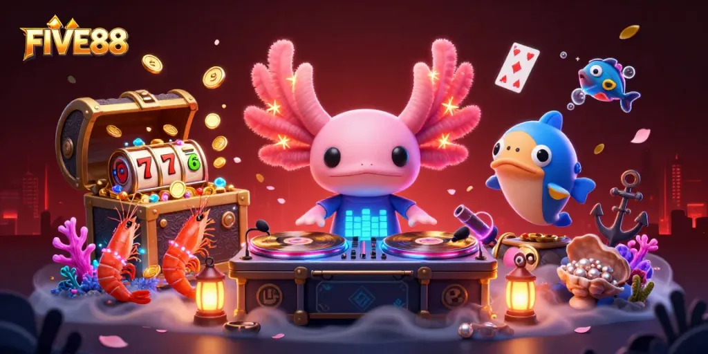 Engage with FIVE88's thrilling slots, featuring vibrant underwater scenes and energetic characters.