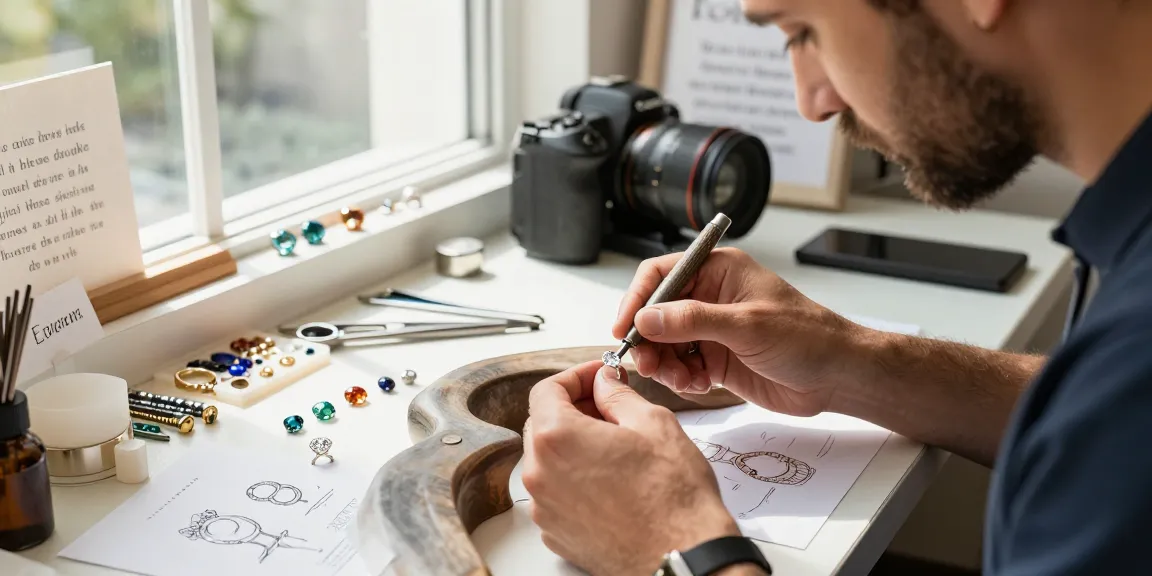 Creating a custom engagement ring uk in an elegant jewelry studio with a skilled artisan and gemstones.