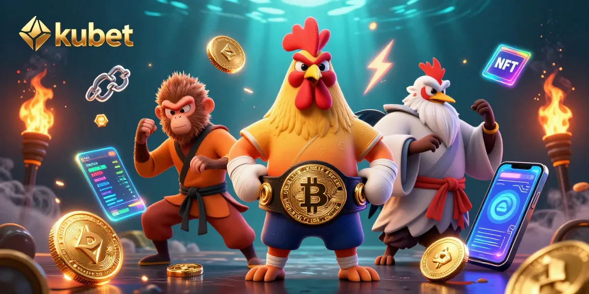 Experience thrilling kubet action with vibrant crypto-themed characters, symbols, and gaming elements.