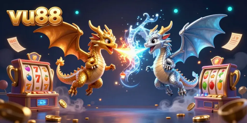 Bet big with VU88, featuring flying gold and silver dragons amid vibrant slot symbols and glowing coins.