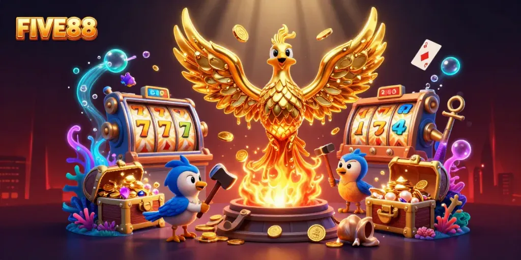 Engage in thrilling casino experiences at FIVE88 with gold coins and dynamic game elements.