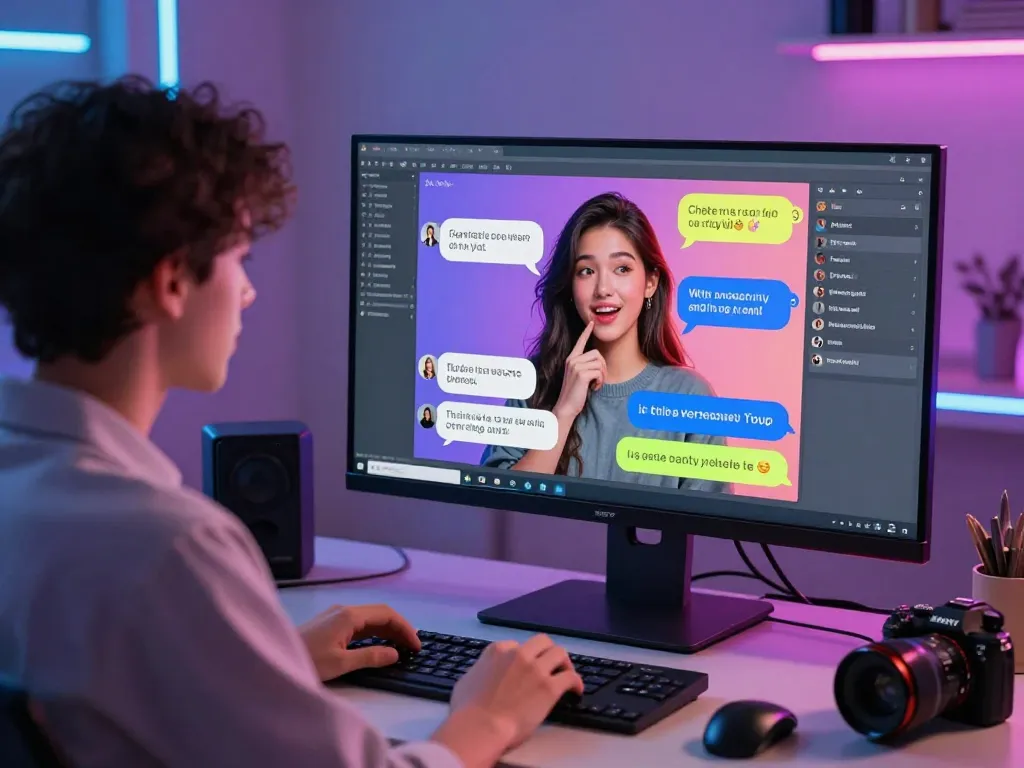 Engaging scene of a user enjoying ai nsfw interactions with a lifelike AI avatar in a modern digital workspace.