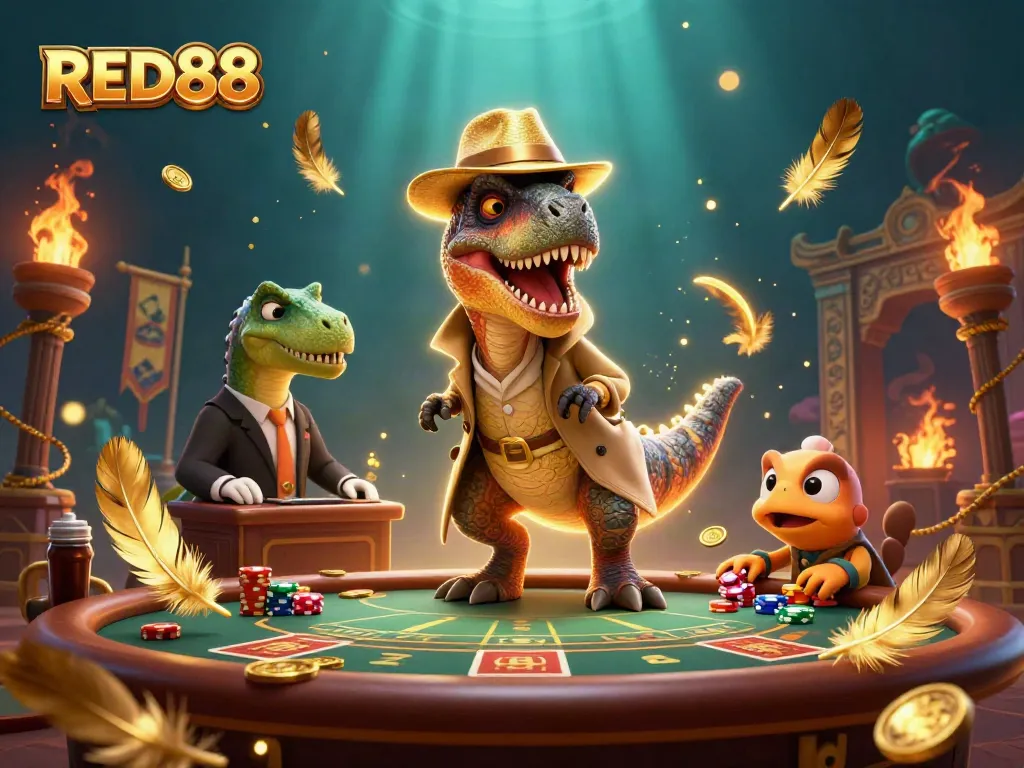 Experience thrilling blackjack action at RED88 casino with a velociraptor card counter.