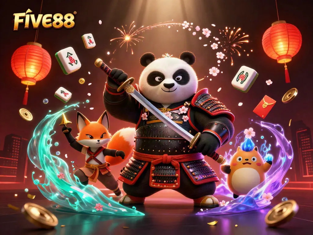 Experience the thrilling action of FIVE88 with dynamic characters and vibrant casino elements.