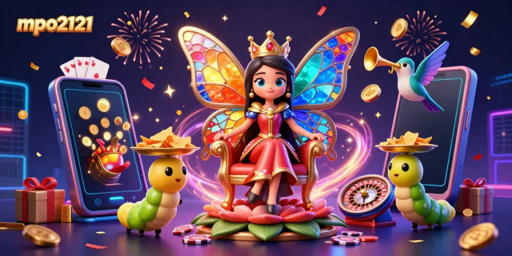 Permainan slot gacor mpo2121 menampilkan karakter ratu kupu-kupu 3D dan elemen kasino dalam suasana meriah.