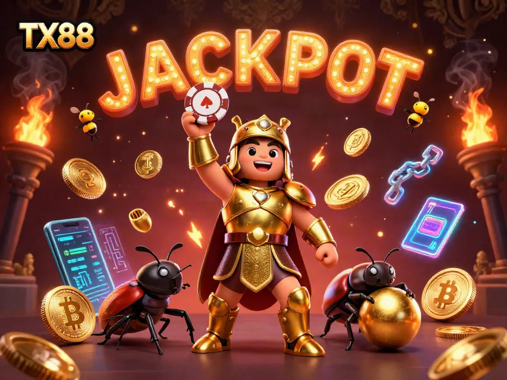 TX88 hercules beetle lifting a poker chip celebrates wins surrounded by vibrant casino elements!